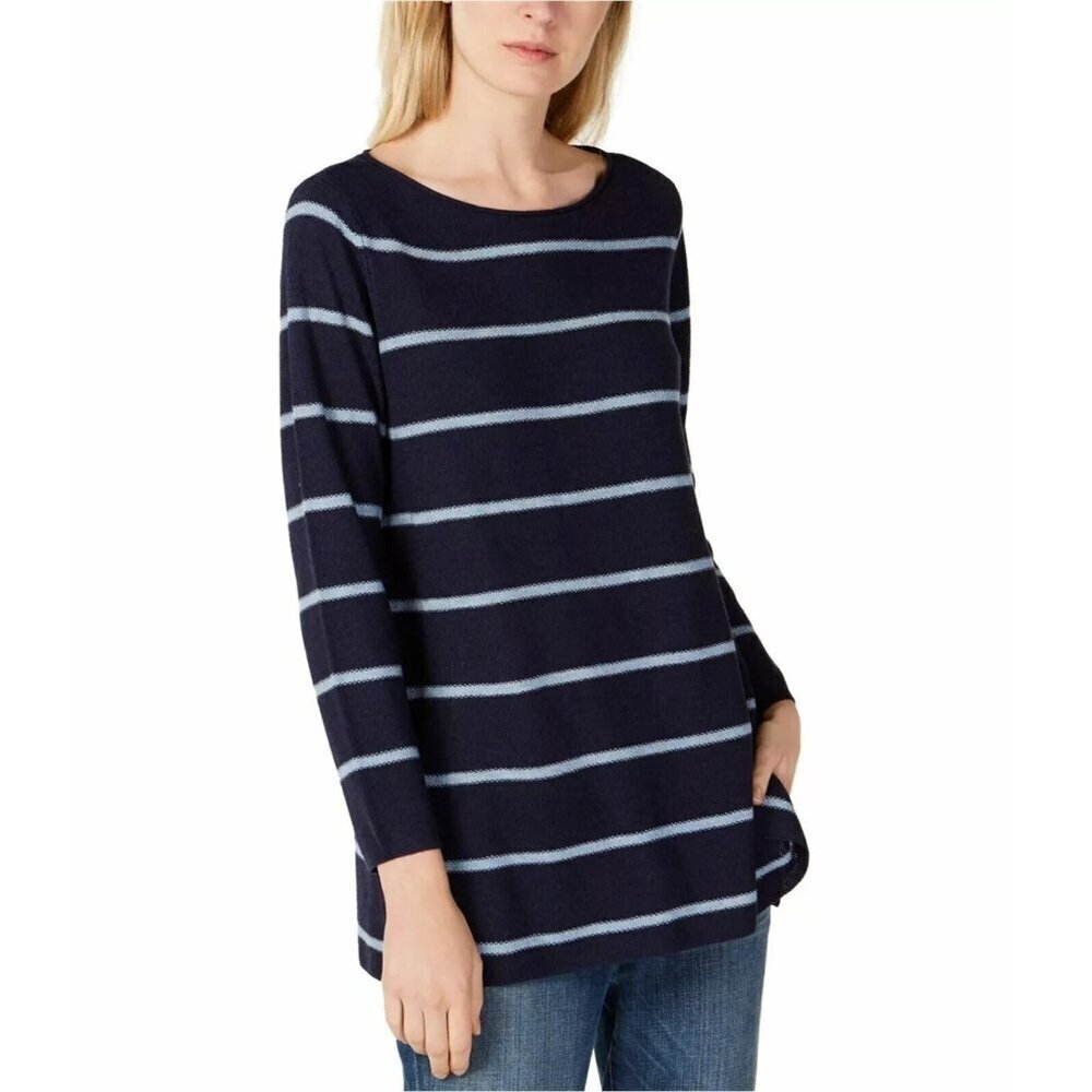 Eileen Fisher Sweater Women Large Navy Striped Pullover Beach Nights Wool Blend